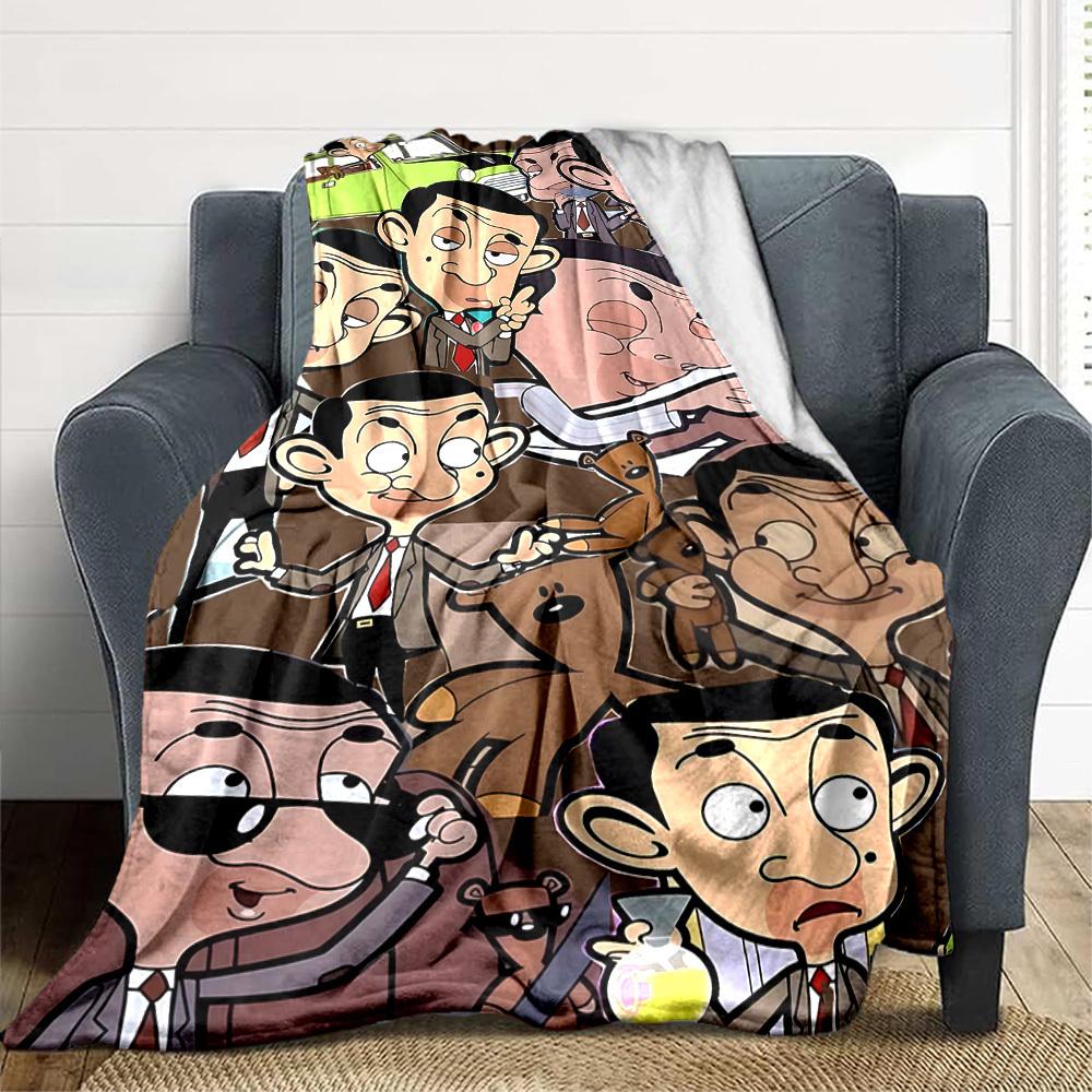 1pc Mr. Bean Adventures Flannel Throw Blanket HD Printed Lightweight Soft Warm All Season Blanket for Sofa, Bed, Travel, Camping Machine Washable