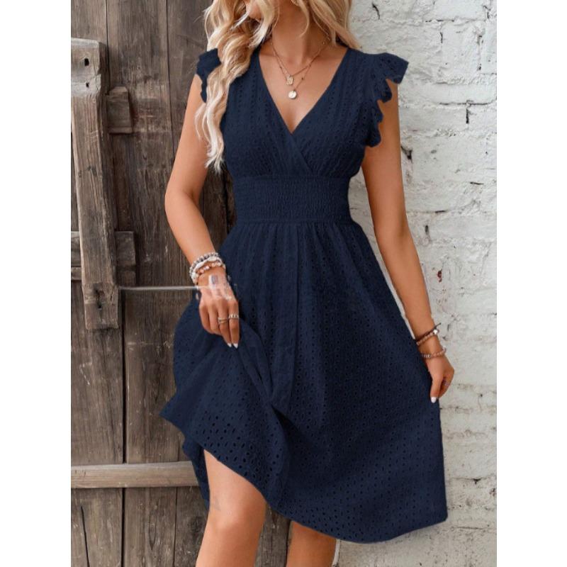 Women's V Neck Ruffle Cap Sleeve Eyelet Embroidery Smocked Waist A Line Midi Dress Solid Color Summer Beach Casual Dress