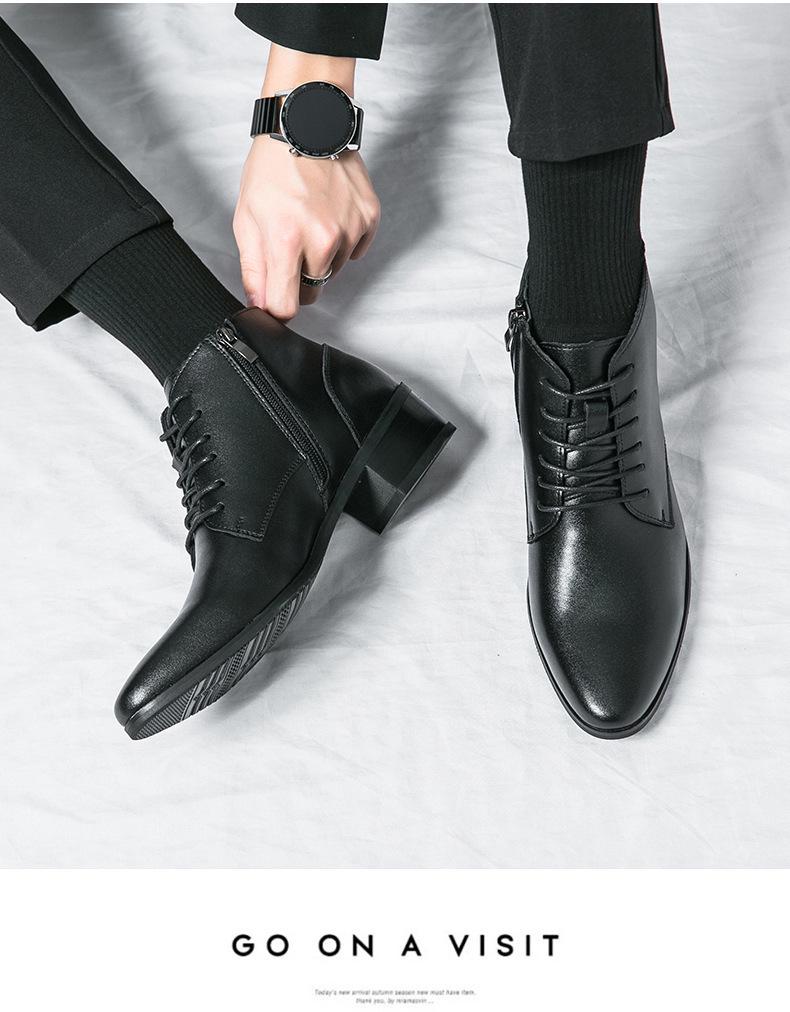 Men's Korean Style Mid-Calf High Heel Leather Boots - Pointed Toe Hairstylist Business Shoes