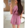 European and American Summer New Gray V-neck Elastic Waist Shoulder Short Sleeve Wide Leg Jumpsuit Shorts Hot Pants Jumpsuits