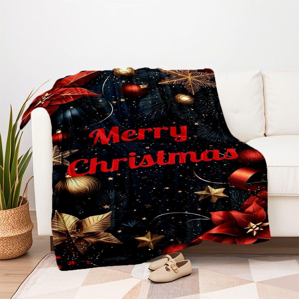 "Merry Christmas" Festive Ornament SetBlanket Flannel Throw Blanket for Sofa, Bed, Travel, Camping, Office