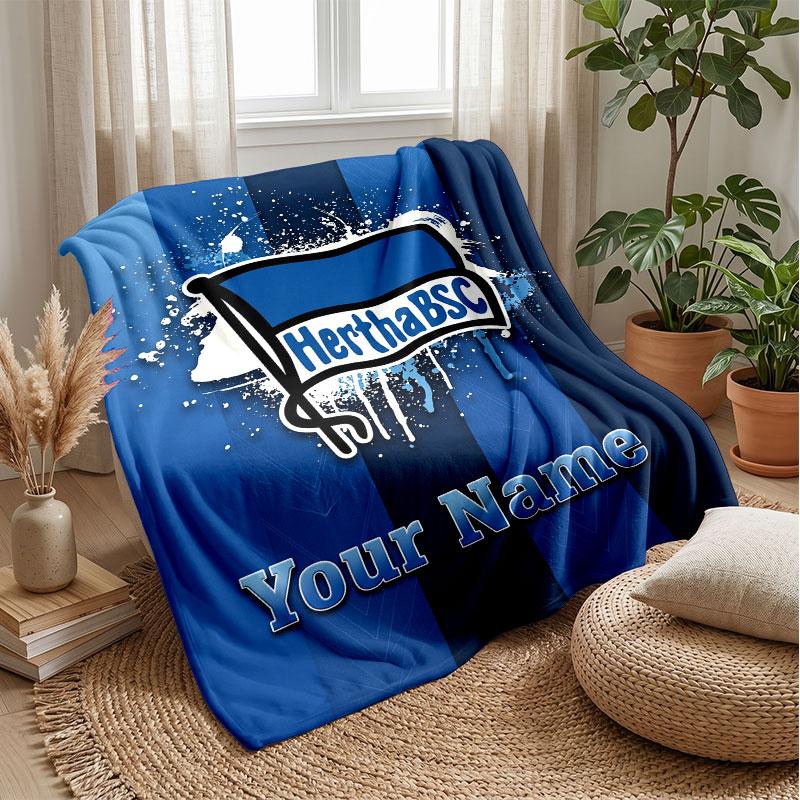 Hertha Bsc Custom Name Text Flannel Blanket Soccer Logo Personalized Fleece Throw Blanket Special Gift For Sofa Bedroom Home