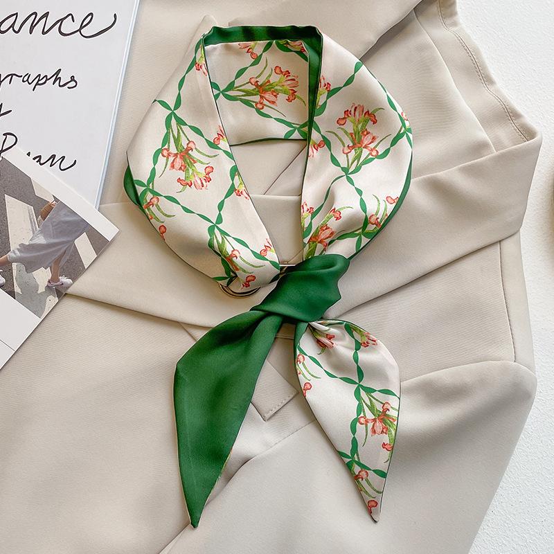 French Fashion Green White Long Strip Small Silk Scarf Women's Headband Decorative Scarf Double-sided Long Streamer Bag Belt