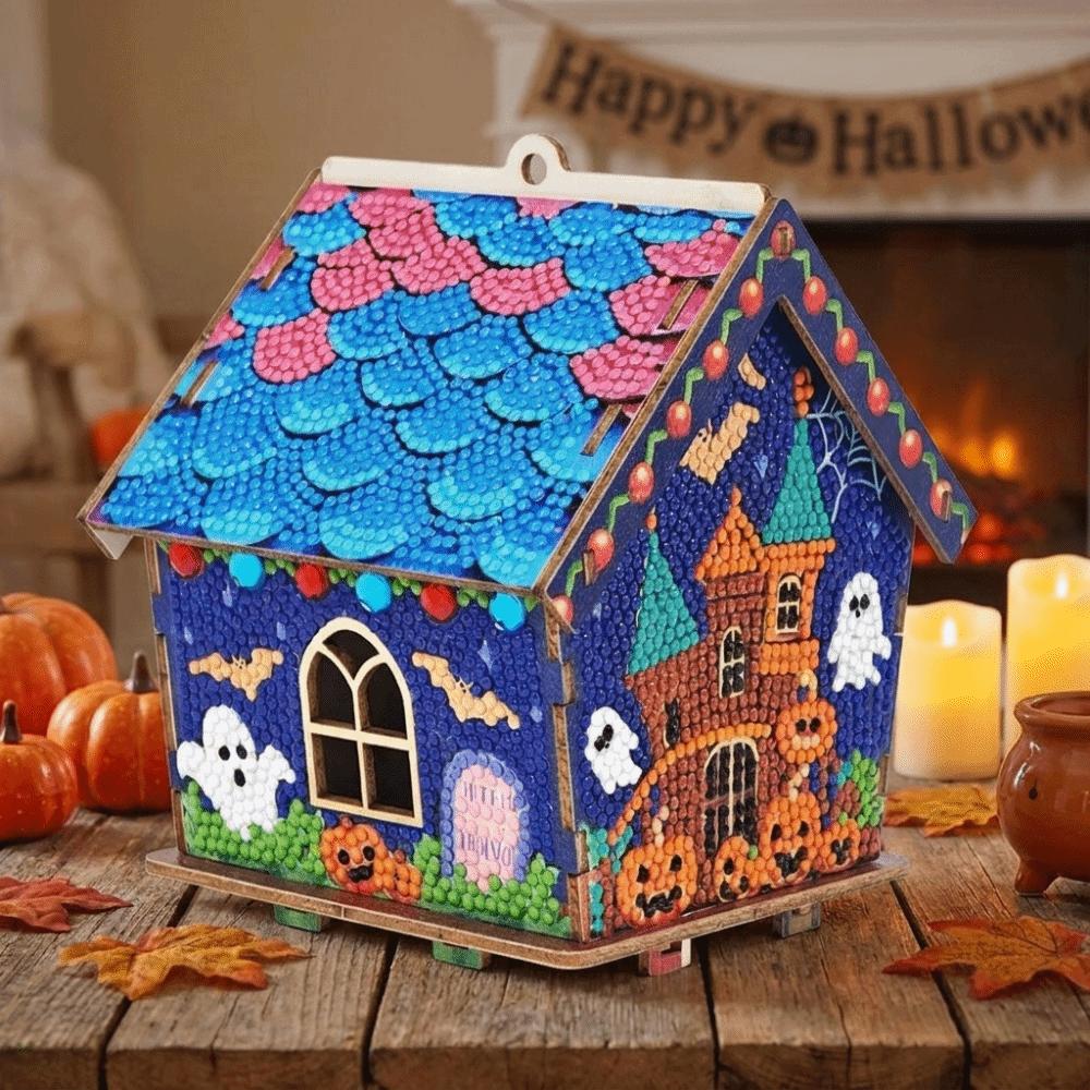 3D Wooden House Halloween Rhinestone Painting Kit Cute Handmade Craft Set Party Decor