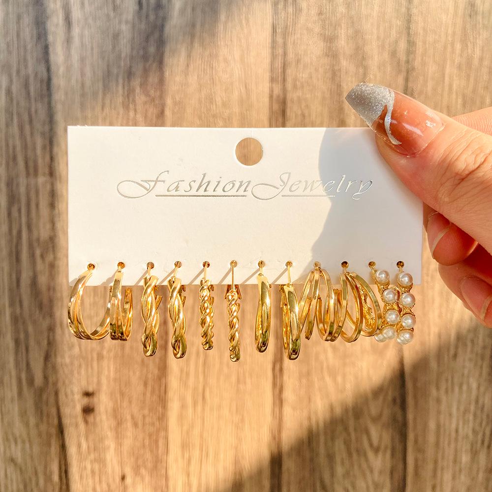 European & American Vintage Pearl Geometric Gold Hoop & Stud Earrings Set - 6 Pieces