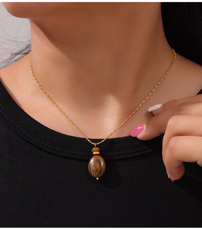 Maillard Geometric Tiger Eye Oval Pendant & Earrings Set In 18K Gold-Plated Titanium Steel