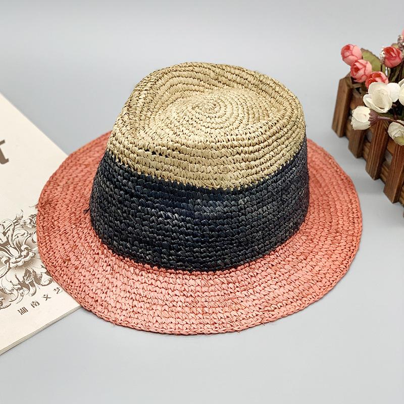 Natural Raffia Crochet Straw Hat Color Matching Hat Casual Striped Ruili Wind Short Brim Top Hat Seamless