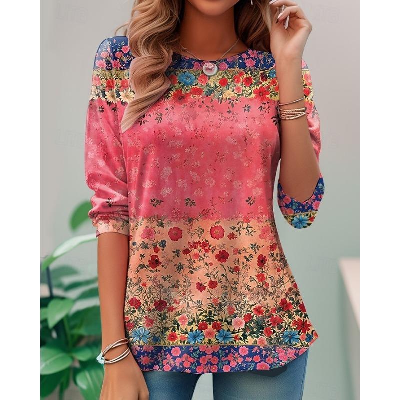 

Women s T Shirt Print Floral Graphic Plants Vintage Fashion Stylish Long Sleeve Crew Neck Regular Tops 5XL