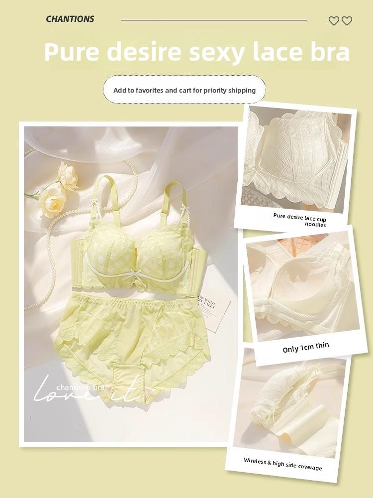 Coquette Lace Petal Soft Support Wireless Bra, Push Up Anti-Sag Side Gathering Small Bust Women Bra