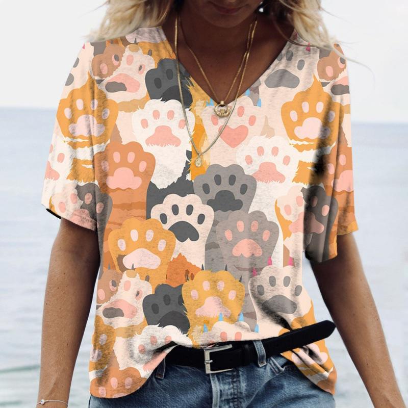 T-shirt d'été à manches courtes et col en V pour femme, imprimé chat 3D, décontracté et tendance