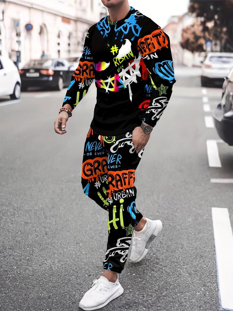 Men's Fall Winter 2026 Matching Set Stylish Crew-Neck Two-Piece Outfit Featuring Print and Trendy Streetwear Style