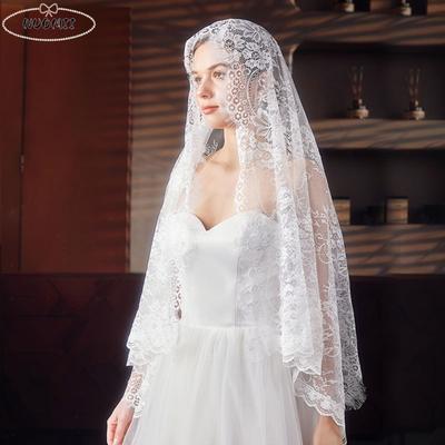 Elegant Hollow Veil Prayer Shawl Flower Lace Trim Bride Head Gauze Breathable Long Mantilla Scarf Party