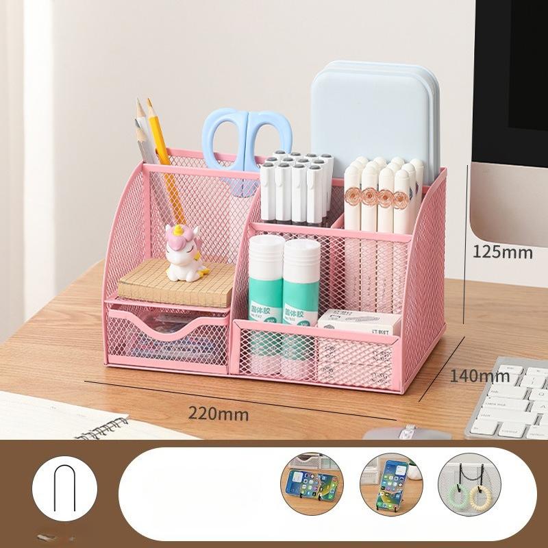 7 Grid Desk Stationery Organizer Creative Metal Pen Holder Pencil File Storage Rack Storage Box Divided Container Office Access розовый