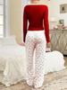 Encaje Encaje Cuello Redondo Corona Manga Larga y Pantalón Largo, Conjunto de Pijama para Mujer, Ropa de Casa