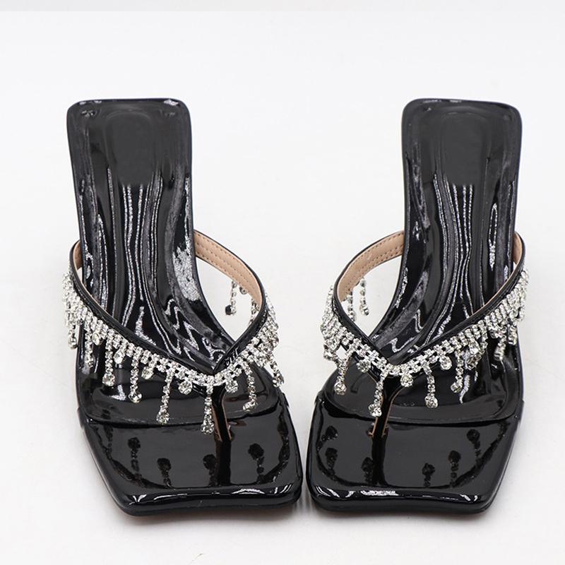 Liyke New Brand Strange High Heels Flip Flops Women Slippers Fashion Crystal Fringe V-Strap Sandals Shoes Mules Sliders