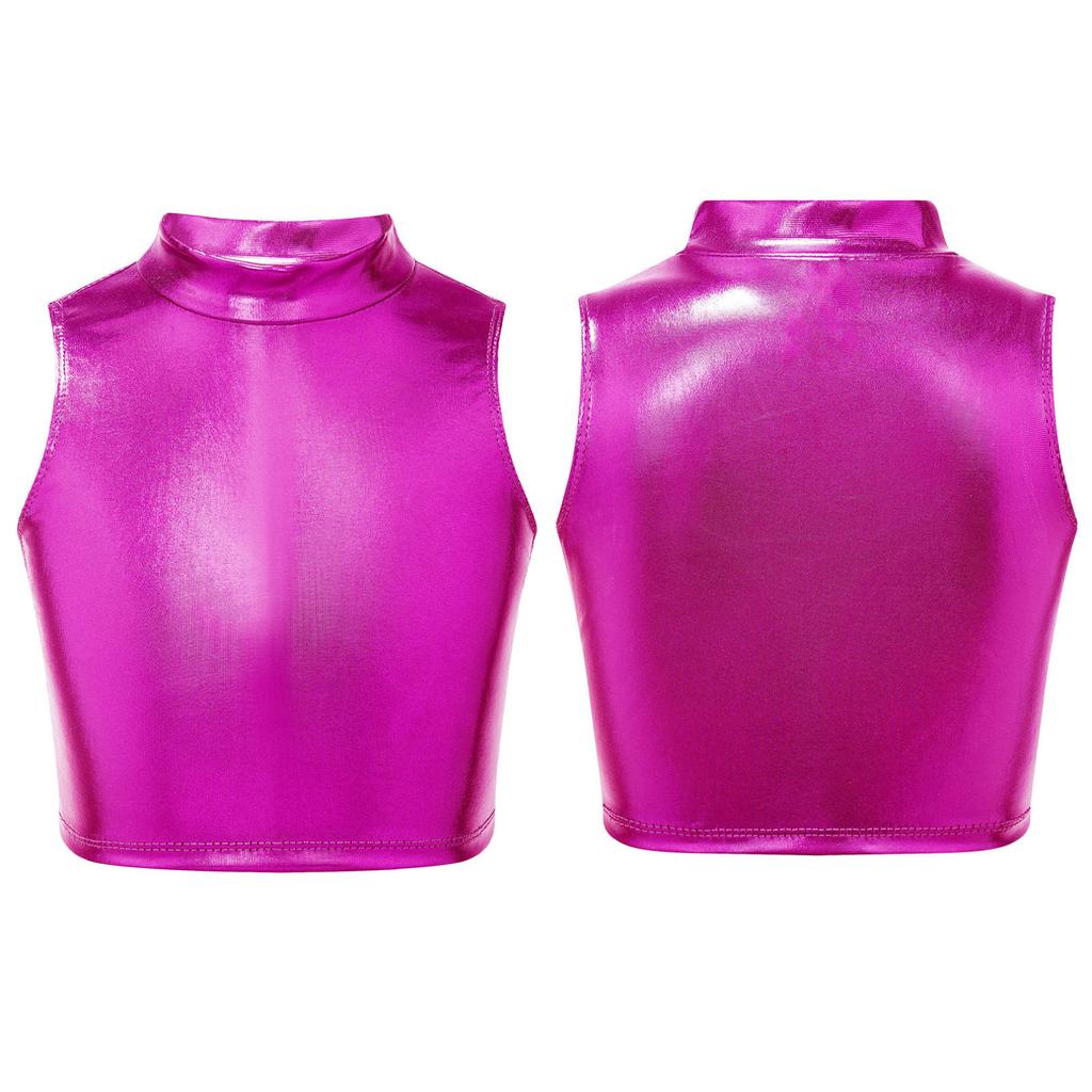 Girls Shiny Metallic Crop Tank Top Ballet Dance Jazz Hip Hop Performance Costumes