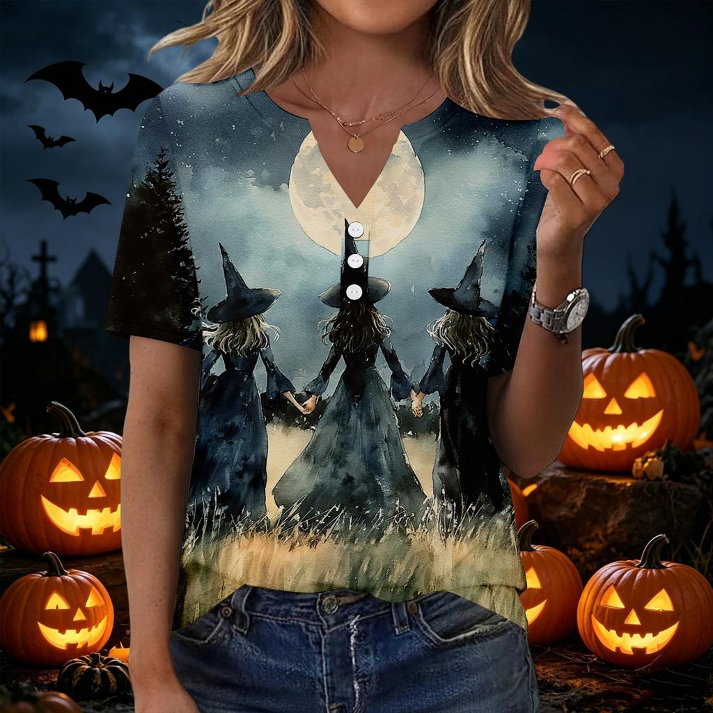 Women's Halloween V Neck Short Sleeve T-Shirt with Button Casual Top
