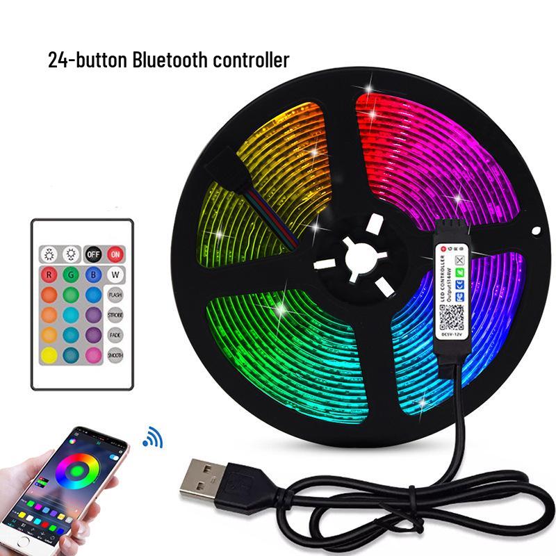 RGB LED Strip Light with 24-Key IR Remote & Bluetooth App Control, 2835 SMD 60 LEDs/m, Flexible 5V Strip