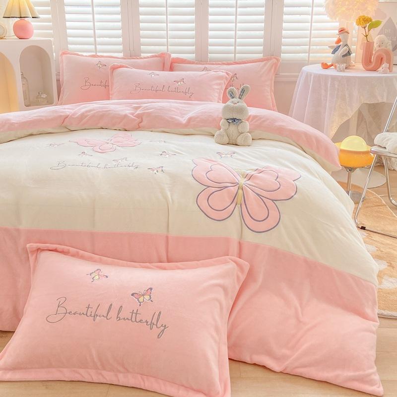 Four-piece Set of Embroidered Thickened Thermal Fleece Quilt Cover Sheets and Bedding