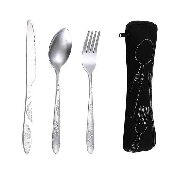 3Pcs Stainless Steel Western Style Steak Knife Fork Spoon Tableware Portable Outdoor Travel Bag Tableware Set Creative Gifts