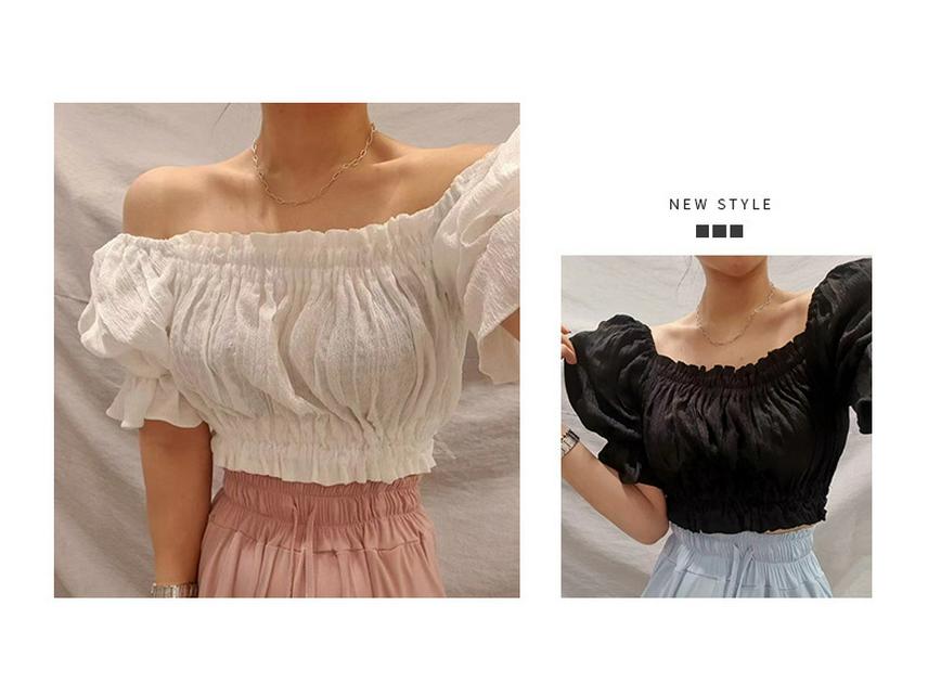 Korean Ruffled Off-Shoulder Puff Sleeve Lace Cropped Top