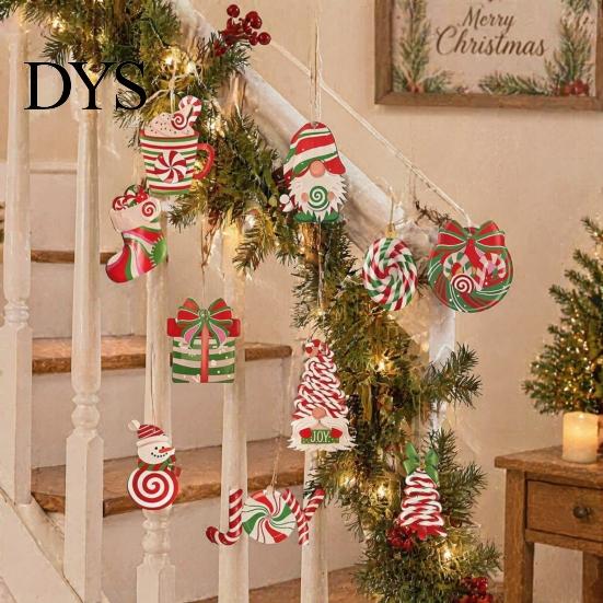 Handmade Wooden Ornaments for Holidays 12/24/36 Pcs Christmas Set, Red Green Striped Candy Cane Tree Country Style Decorations, Xmas Hanging