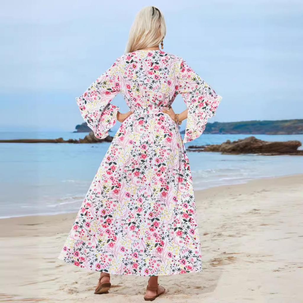 2025 Neues unregelmäßiges Halbarm-V-Ausschnitt-Bindeband-Schlitz-Rückenfreies Rüschenkleid für Damen