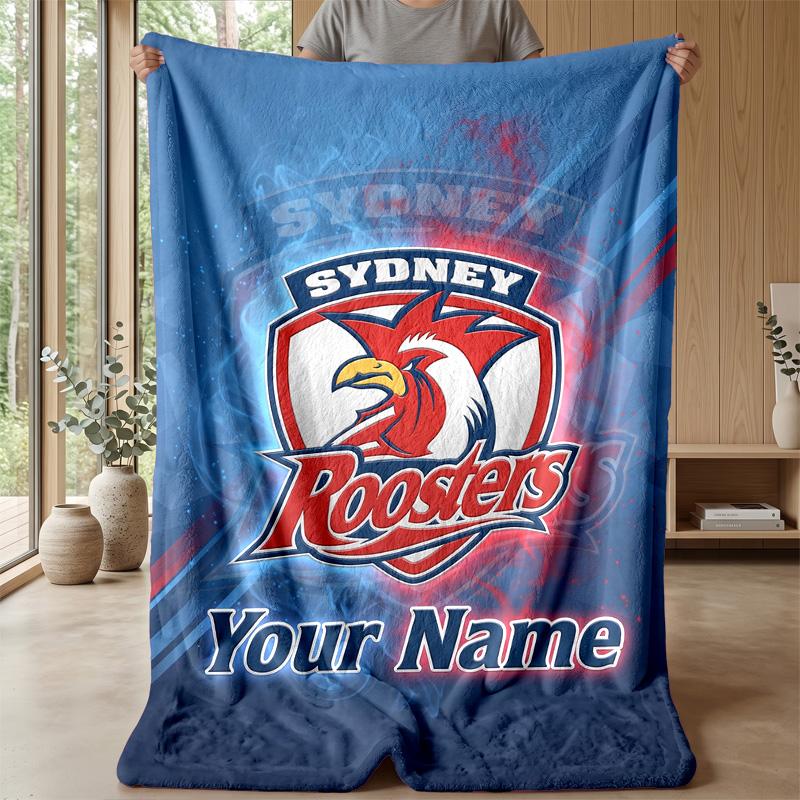 Sydney Roosters Custom Flannel Throw Blanket Print Your Name Text Soft Warm Blanket Holiday Present
