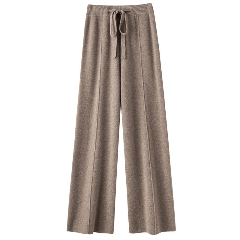 Women's High-Waisted Wide-Leg Wool Pants - Casual, Floor-Length, Straight-Leg, Autumn/Winter, Versatile Knit for a Longer Leg Look