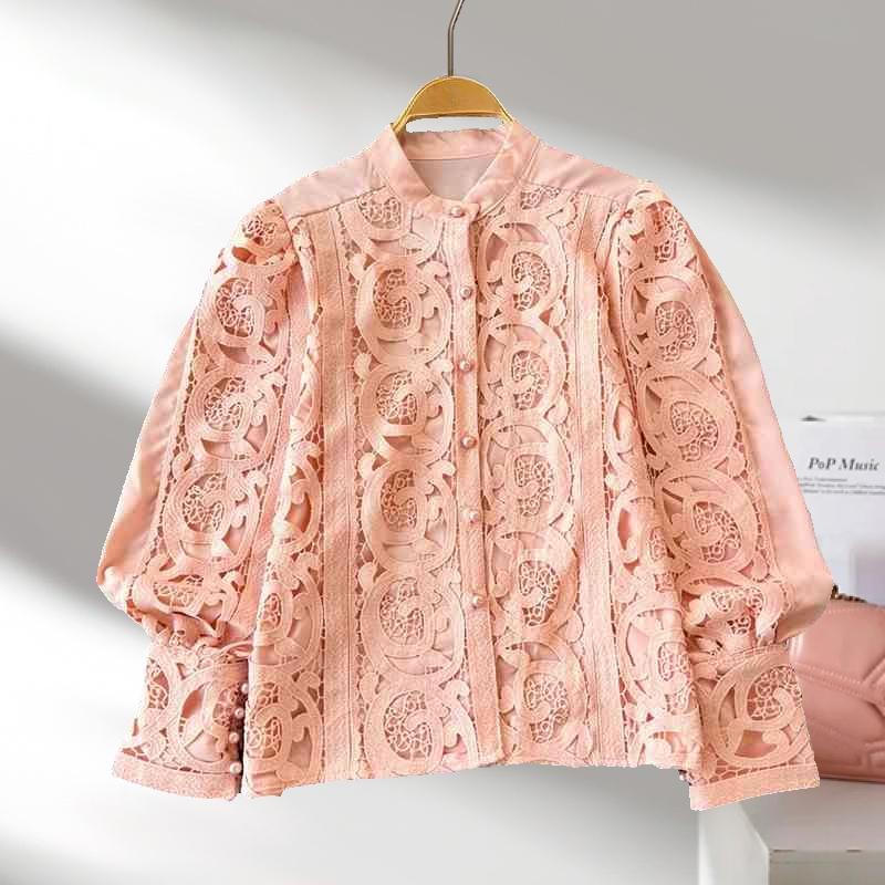 Fashion Retro Hollow Out Embroidered Lantern Sleeve Shirt Women's Tops Single Breasted Solid Loose Casual Blouses Women Elegant Round Neck Shirt 26447