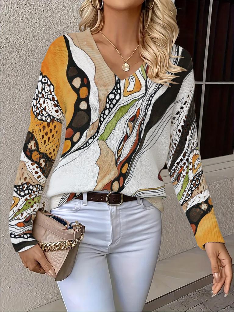 Neues bedrucktes V-Ausschnitt-Oberteil Damen beliebter Pullover Langarm Frühling und Herbst Pullover