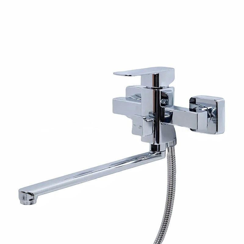 Wall-Mounted Bathtub Shower Faucet Set With Extended Hose Dual Handle Mixer Tap Modern Chrome Finish