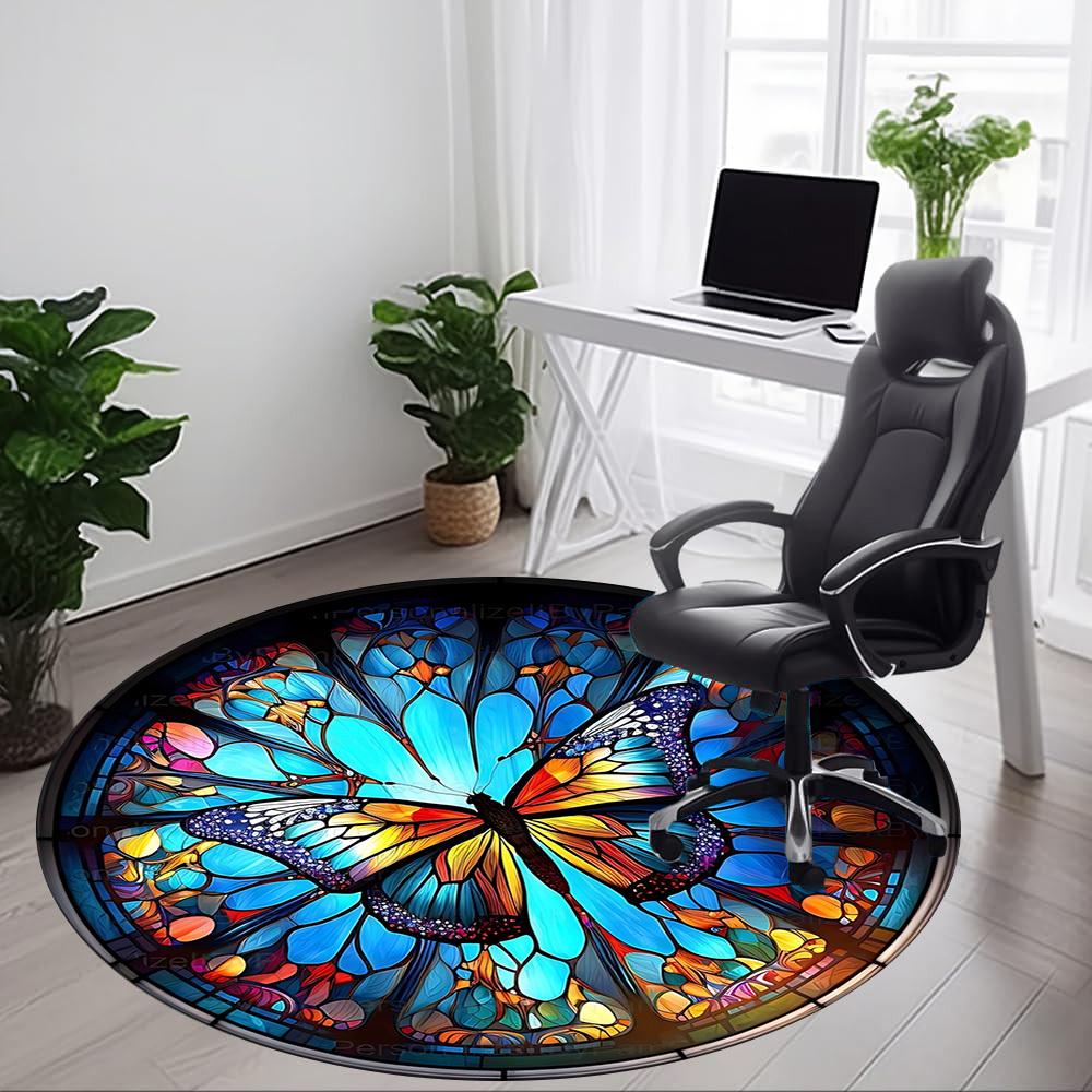 1pc Butterfly Stained Glass Chair Carpet for Office Non Slip, Machine Washable Rug for Office, Room Holiday Decor for Christmas, Birthday Polyester