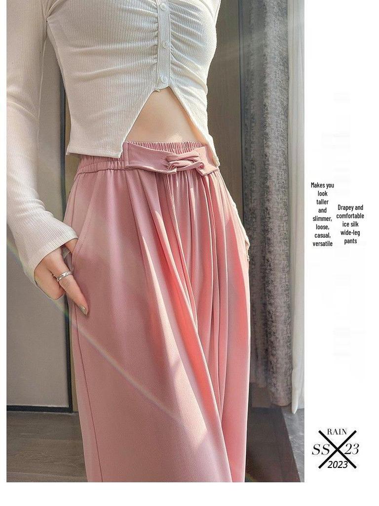 Women's Pink Ice Silk Wide-Leg Pants: Summer Thin High Waist, Straight-Leg Casual Style for Spring and Autumn