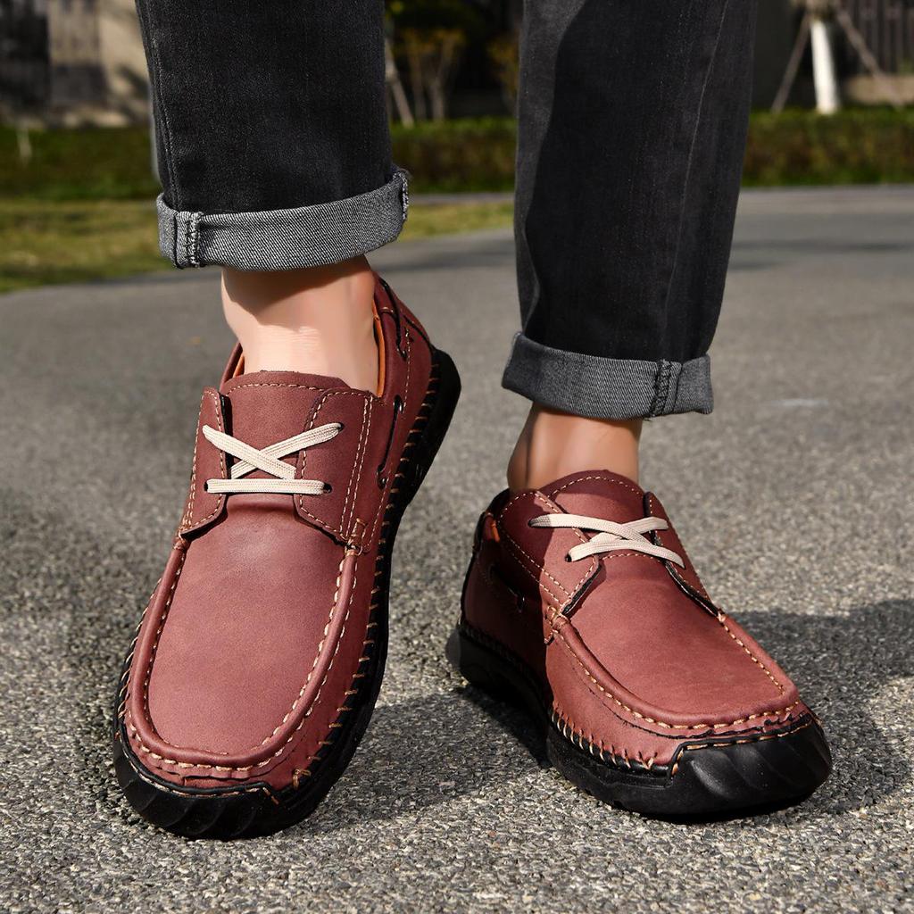 2026 Plus Size Men's Leather Casual Loafers - Hand-Stitched Low-Top Shoes for Spring