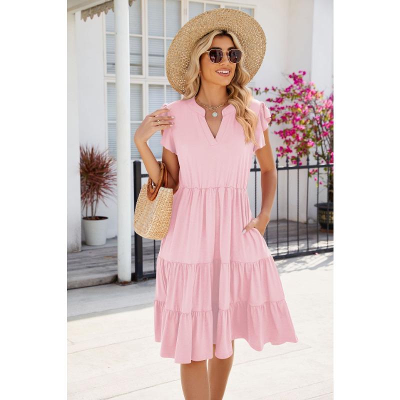 Summer Women's Solid Colour V-Neck Loose Short Sleeve Waist Splicing Dress