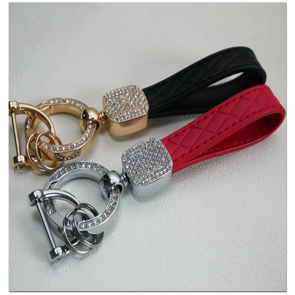 PU Leather Car Key Chain Plaid Durable Car Key Ring Chain Holder Shiny Crystal Pendant Key Ring
