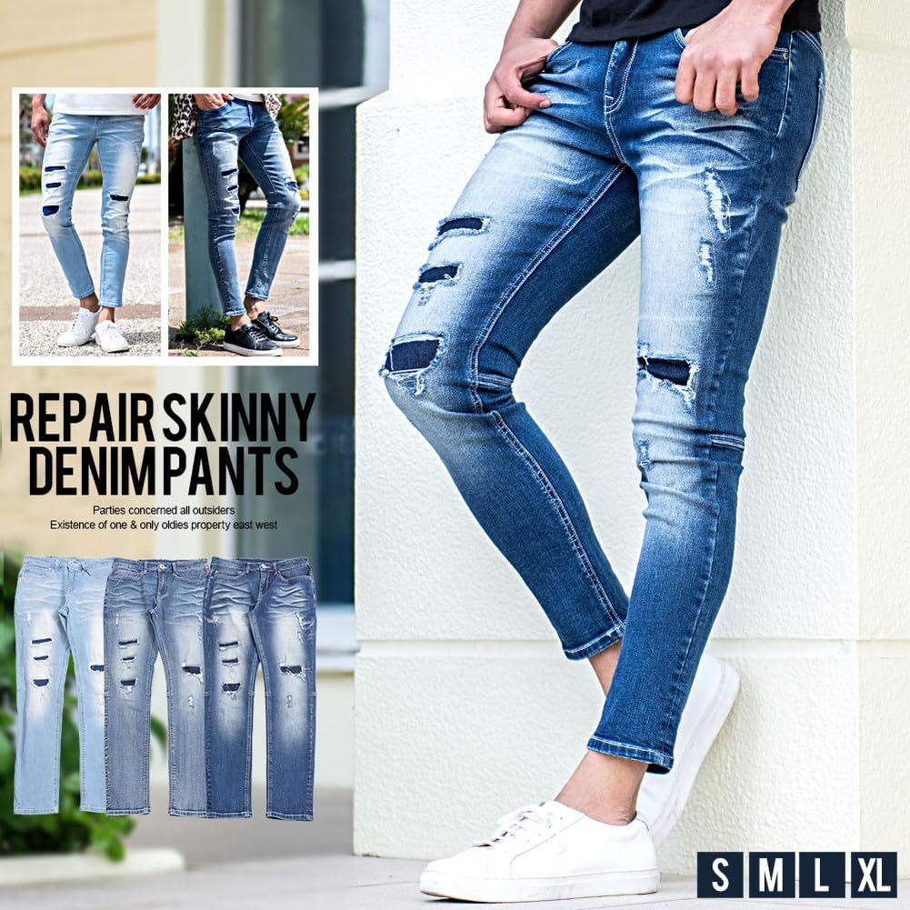 SILVER BULLET CavariA Męskie Unisex Spodnie Jeansowe Skinny Slim ze Streczem i Naprawami, CANG24-51 (Rozmiar 48 (XL), niebieski)