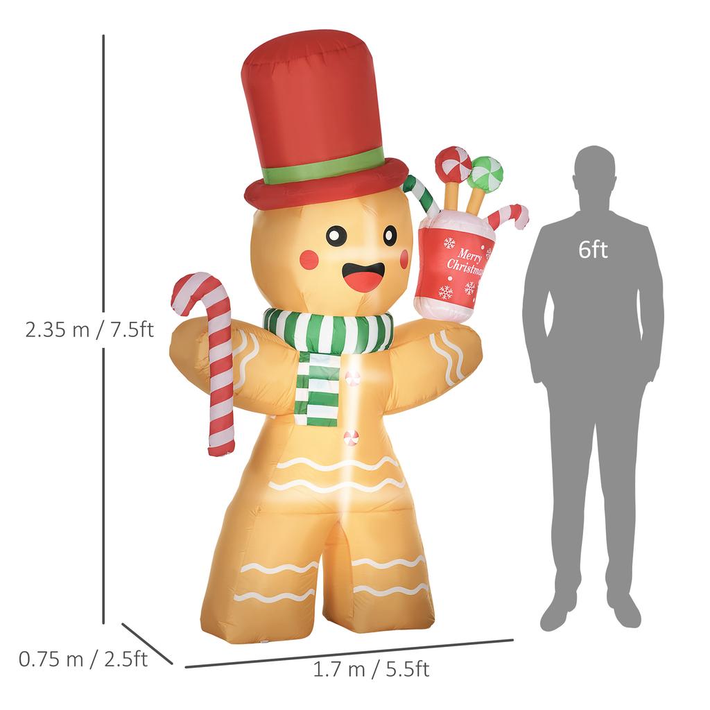 7.5ft Christmas Inflatable Gingerbread Man with Candy Cane, Blow-Up Outdoor Garden Display for Lawn, Party