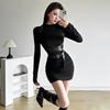 Trendy Personality Street Cool Punk Dress Black Sexy Dress Mature Beautiful Slim Fit Women's Long Sleeve Belt Dress