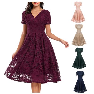 Moda damska Vintage, dekolt w szpic, z krótkim rękawem, kontrastowa, jaskółczy ogon, wąska, koronkowa suknia wieczorowa