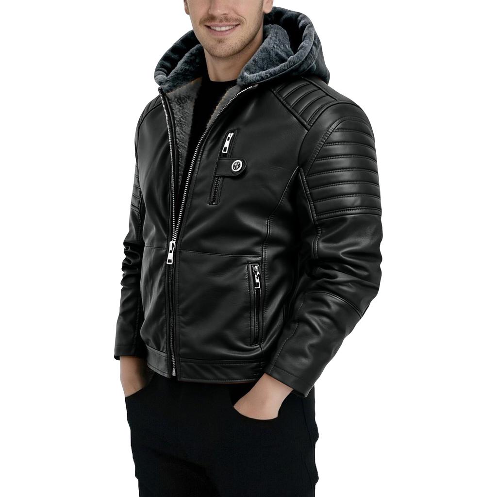 Men's Casual Fashion Solid Color Leather Jacket With Zipper Hood