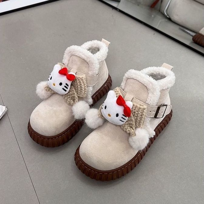 Мультяшные зимние сапоги Hello Kitty, детские осенне-зимние новые флисовые утолщенные теплые морозостойкие пушистые хлопковые ботинки 35