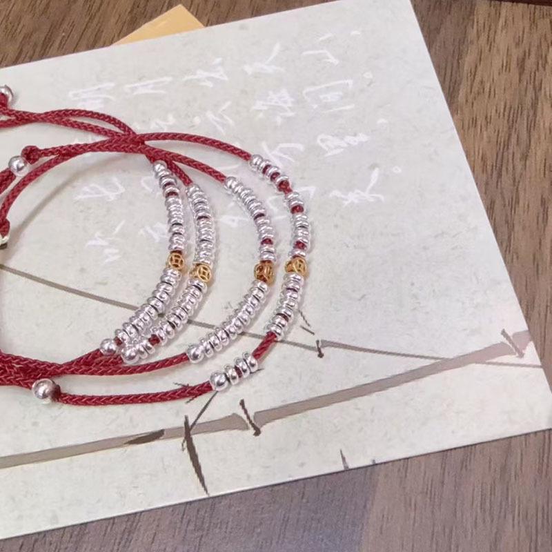 Chinese Style Red Rope Sterling Silver & Gold Coin Bracelet for Women - Elegant Niche Design