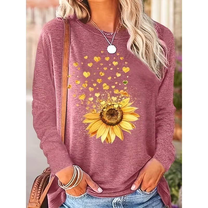 Womens Loose Fit Long Sleeve Round Neck Tee With 3D Peacock Cat Print - Milk Silk Fabric 2025 Casual Top