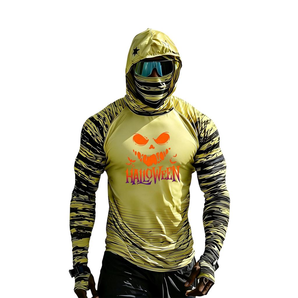 Men's Casual Raglan Color-Block Hooded Long Sleeve Sun T-Shirt with Halloween Print (Sunglasses Not Included)