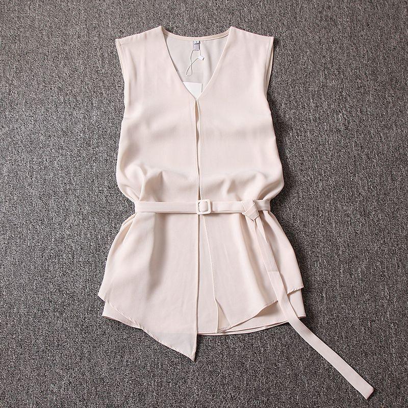 

Свежая Трендовая Шифоновая Блузка Женская 2025 Лето Новинка V-образный вырез Без рукавов Завязывающийся пояс Двухслойный Топ Верхняя одежда Жилет Apricot color S