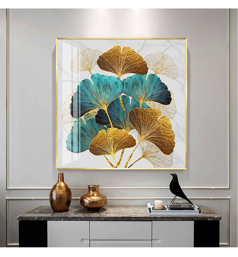 Pictură pe pânză cu frunze de ginkgo albastru nordic, imagine artistică de perete de modă pentru sufragerie, decorare abstractă, imprimare frumoasă de poster albastru
