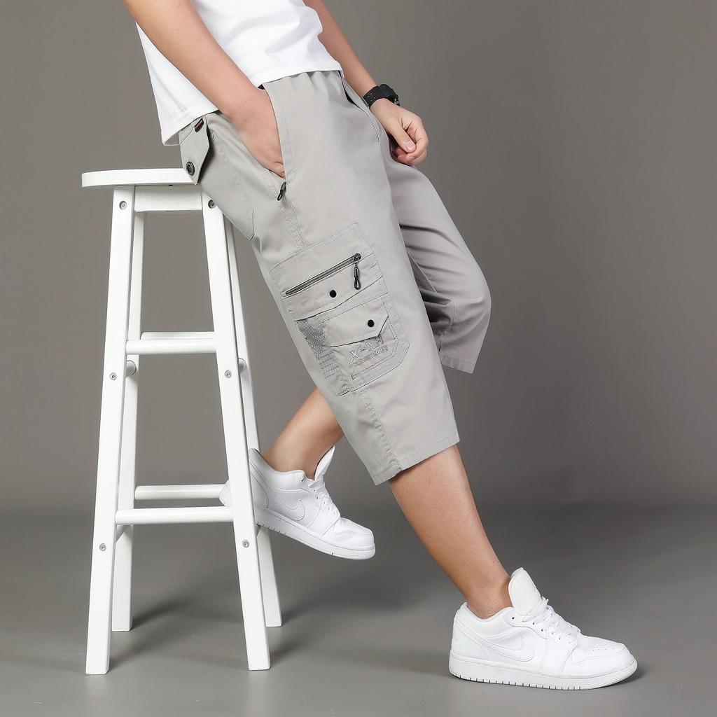 Mehrere Taschen Baumwoll-Cargo-Shorts Herrenmode Einfarbig Schnelltrocknend Jogginghose Wadenlange Hose Sommer Outdoor Atmungsaktive Shorts Herren