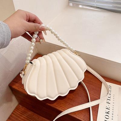 French Pearl Chain Handbag Women Seashell Fashion Shoulder Bag PU Leather Clutch Purse Novelty Solid Chic Hobo Bag Small Satchel